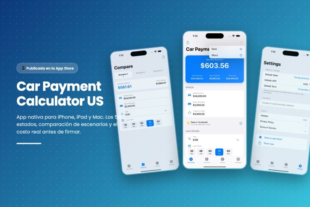 Capturas de Car Payment Calculator US en iPhone: calculadora, comparación de escenarios y ajustes